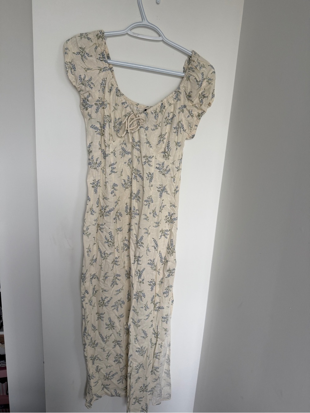Divided Cream Maxi Dress with Blue Floral Print